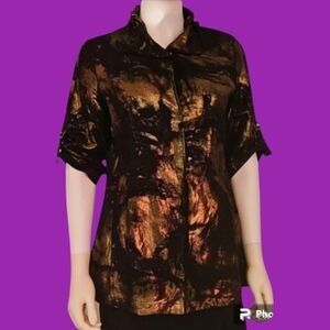 VTG TATA JOLIE 1990s Metallic Snap Button Cinch Collar Linen Holiday Shirt